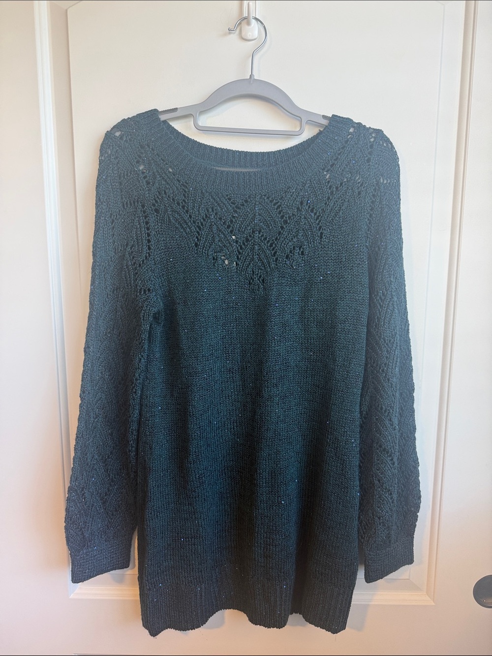Dark Teal Knit Sweater with Lace Yoke & Shimmer detail